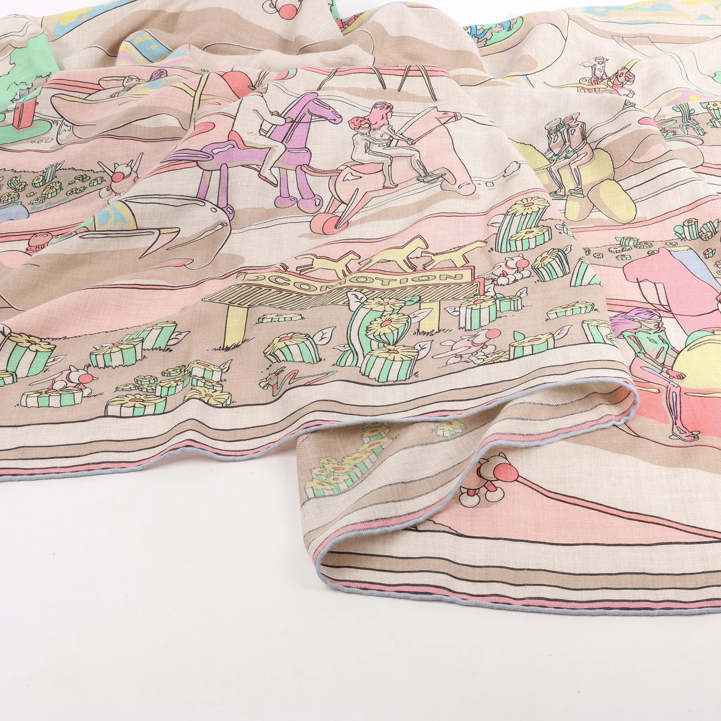 Hermès Carré Geant "LOCOMOTION" Cashmere and Silk Scarf in Beige