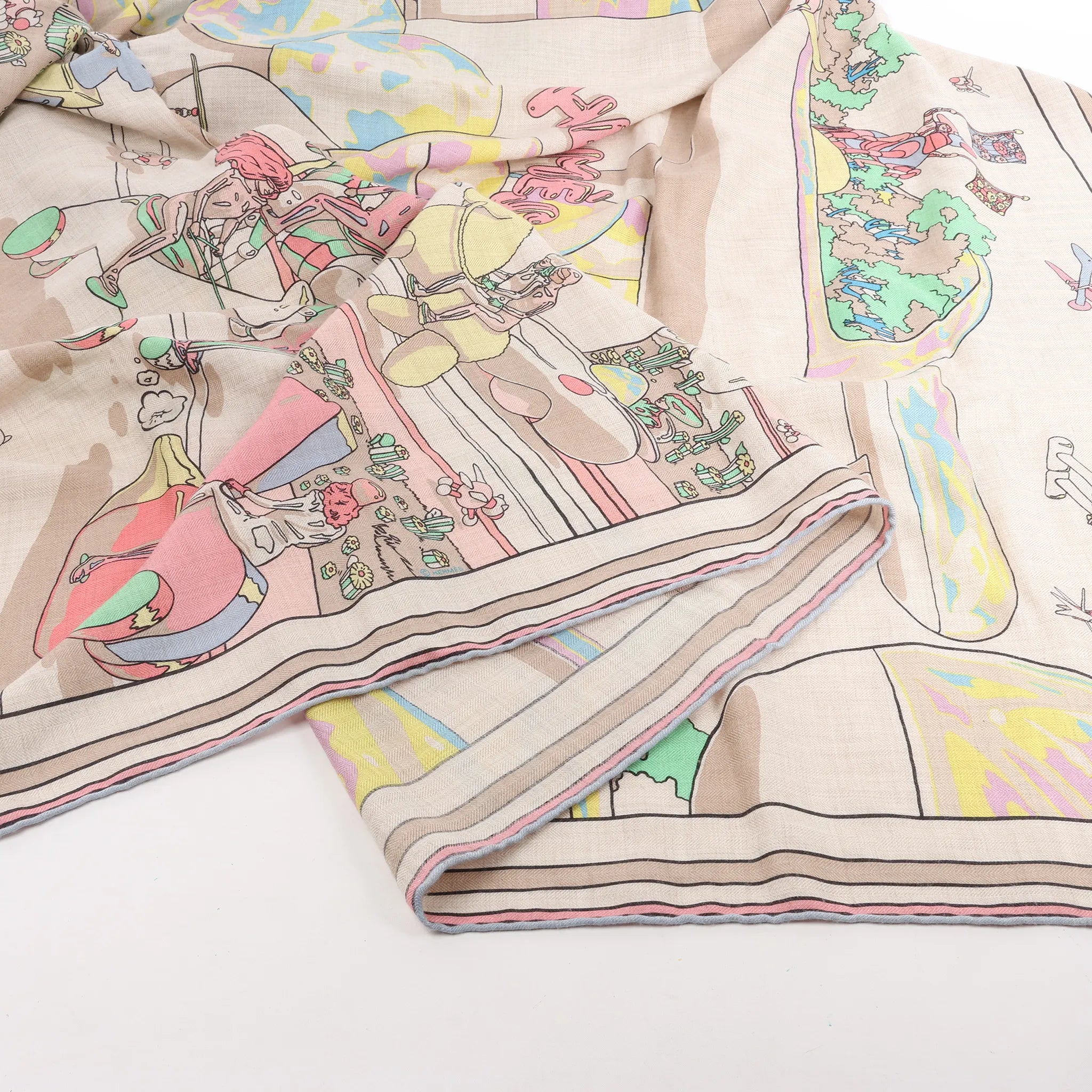 Hermès Carré Geant "LOCOMOTION" Cashmere and Silk Scarf in Beige