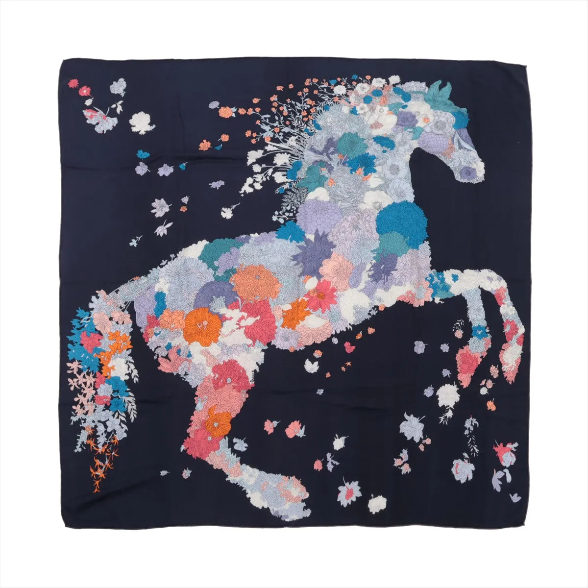 Hermès Carré Géant "Robe Légère" scarf in navy blue featuring a large horse silhouette formed by multicolored floral patterns, crafted in a soft cashmere and silk blend.