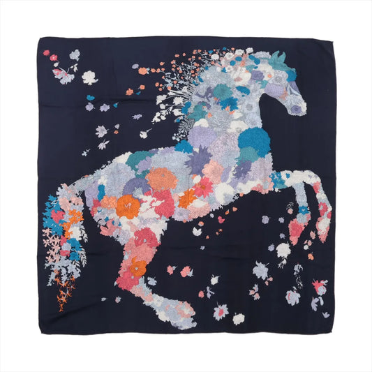 Hermès Carré Géant "Robe Légère" scarf in navy blue featuring a large horse silhouette formed by multicolored floral patterns, crafted in a soft cashmere and silk blend.