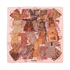 Hermès Carré 140 cashmere-silk scarf in pink with colorful textile collage pattern and “Voyage en Étoffes” title, laid flat on white background.