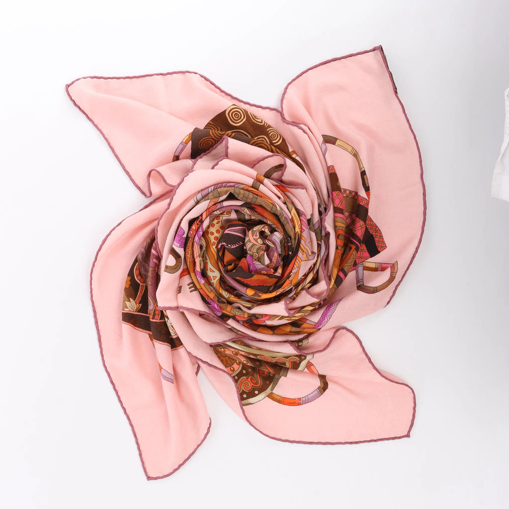 Hermès Carré 140 "VOYAGE EN ETOFFES" Cashmere x Silk handkerchief in Pink
