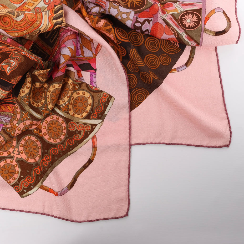 Hermès Carré 140 "VOYAGE EN ETOFFES" Cashmere x Silk handkerchief in Pink