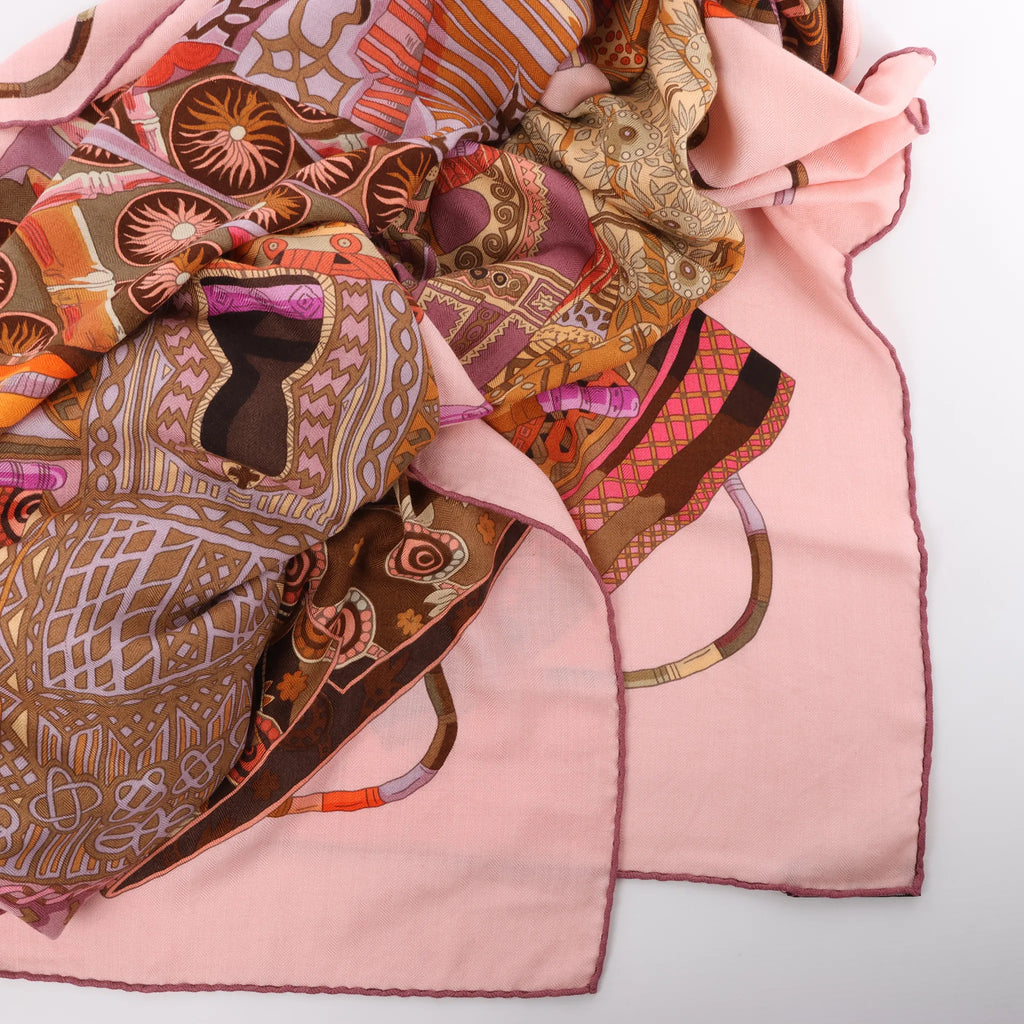 Hermès Carré 140 "VOYAGE EN ETOFFES" Cashmere x Silk handkerchief in Pink