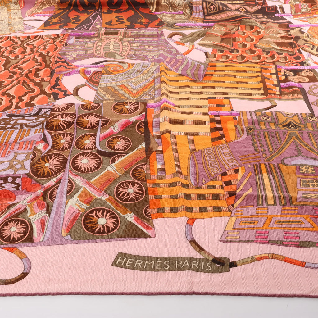 Hermès Carré 140 "VOYAGE EN ETOFFES" Cashmere x Silk handkerchief in Pink