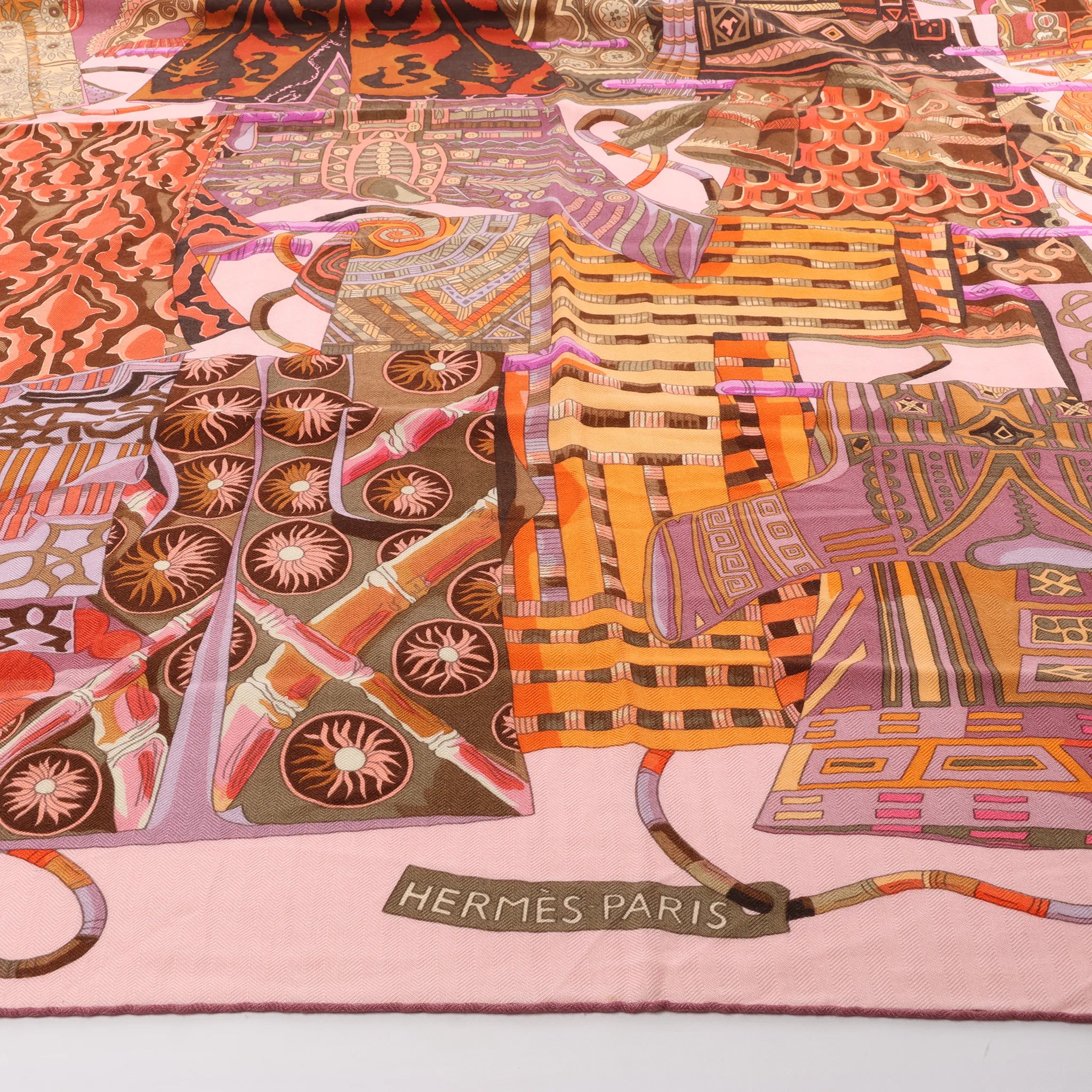 Hermès Carré 140 "VOYAGE EN ETOFFES" Cashmere x Silk handkerchief in Pink