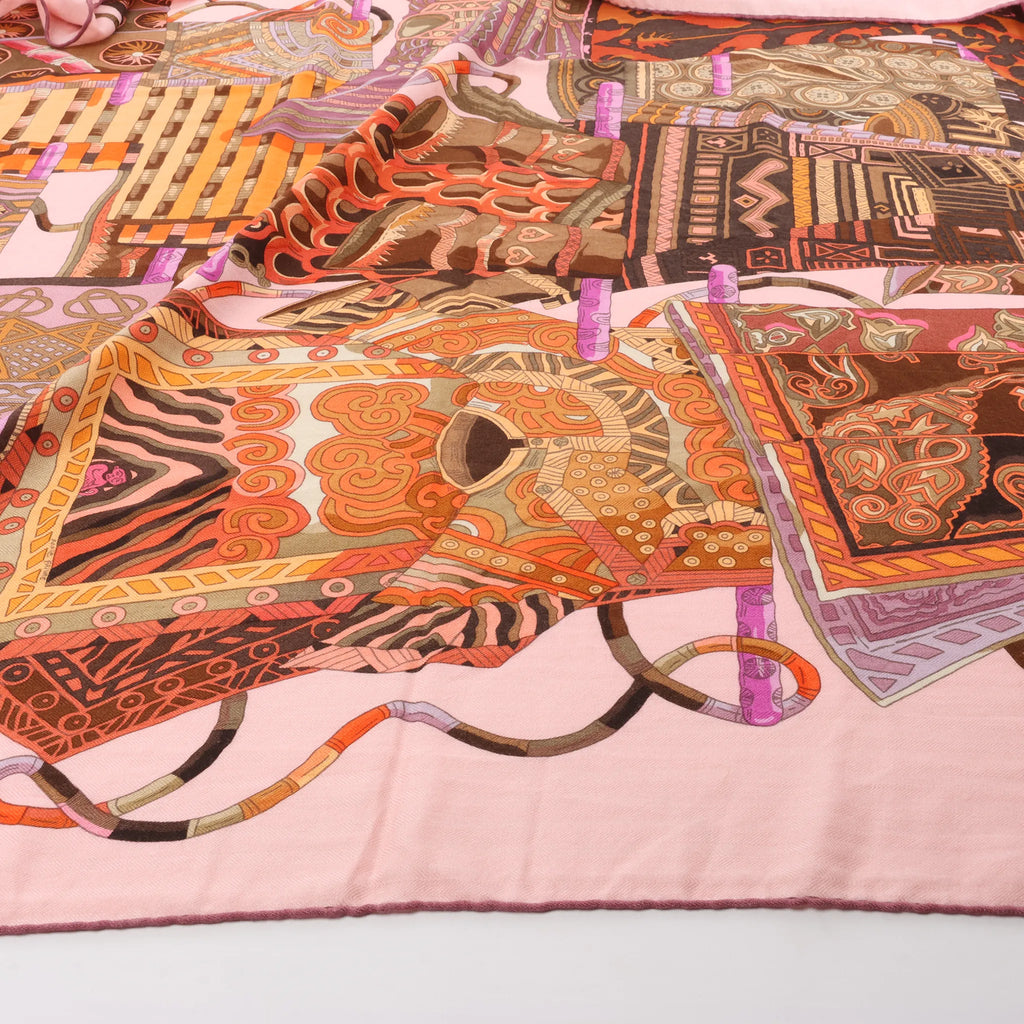 Hermès Carré 140 "VOYAGE EN ETOFFES" Cashmere x Silk handkerchief in Pink