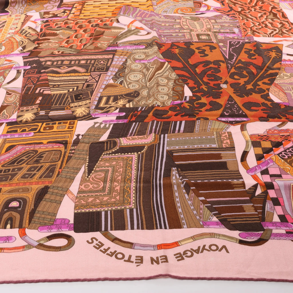 Hermès Carré 140 "VOYAGE EN ETOFFES" Cashmere x Silk handkerchief in Pink