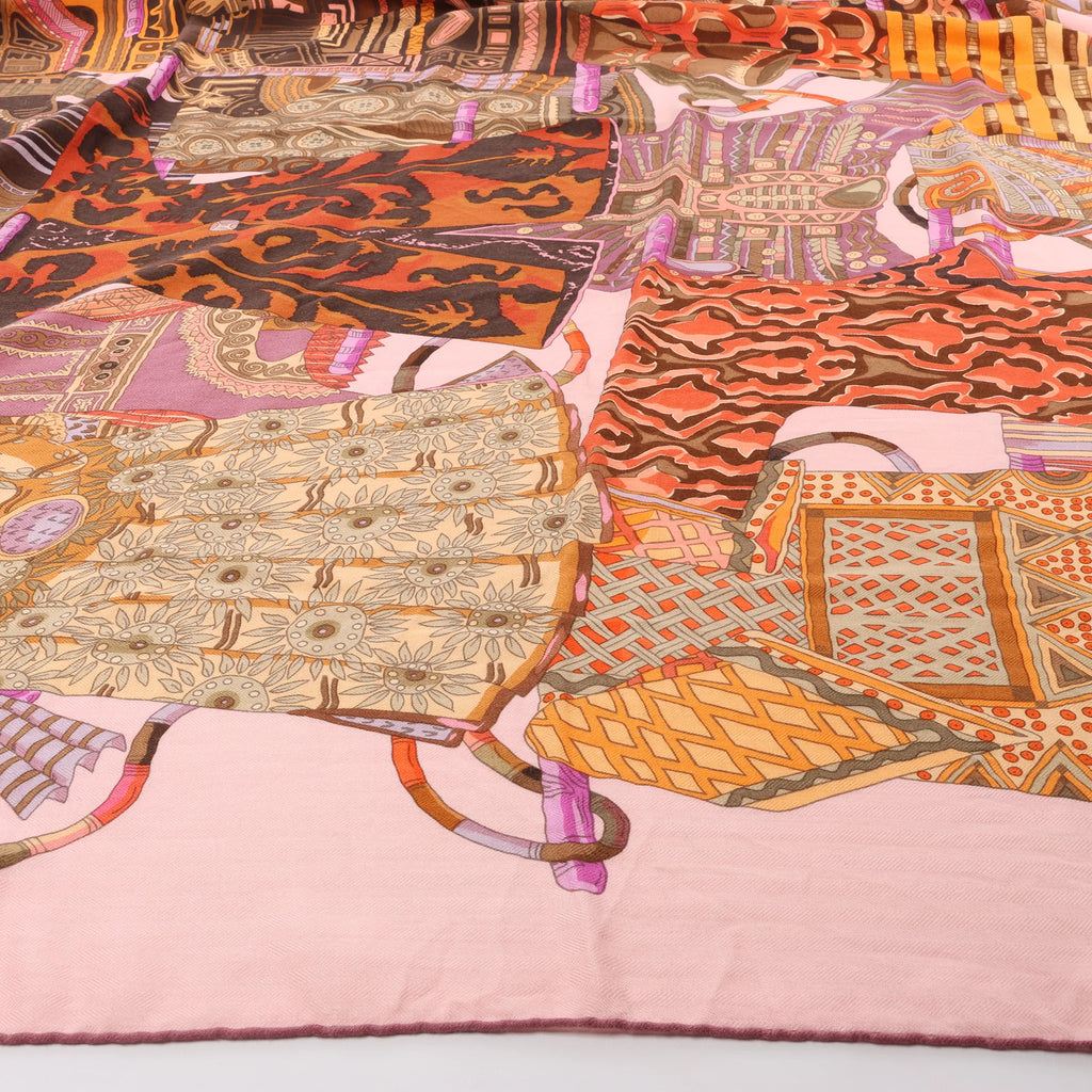 Hermès Carré 140 "VOYAGE EN ETOFFES" Cashmere x Silk handkerchief in Pink