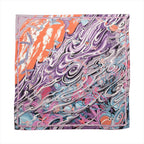 Hermès Carré Géant "De La Mer Au Ciel" scarf in pink, featuring a flowing, abstract design of ocean waves, fish, corals, and flying sea creatures in vibrant shades of purple, coral, blue, and white on a cashmere and silk blend fabric.
