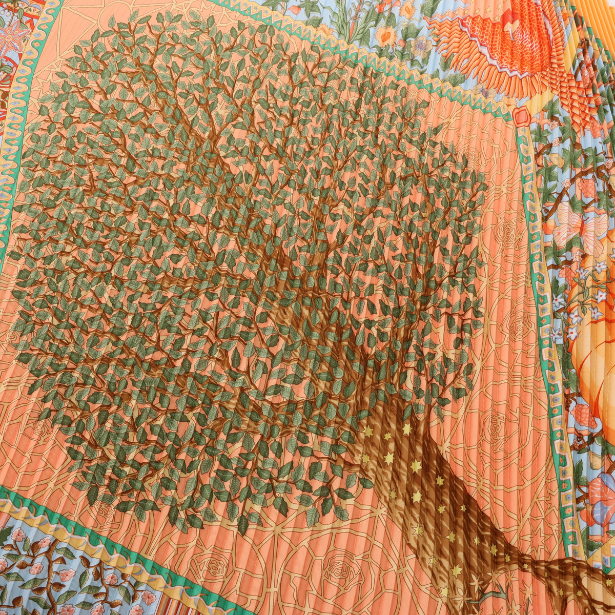 Hermès Carre 90 "Axis Mundi" Plissé Scarf Silk in Orange