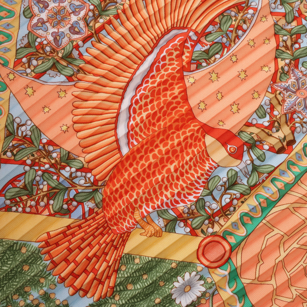 Hermès Carre 90 "Axis Mundi" Plissé Scarf Silk in Orange