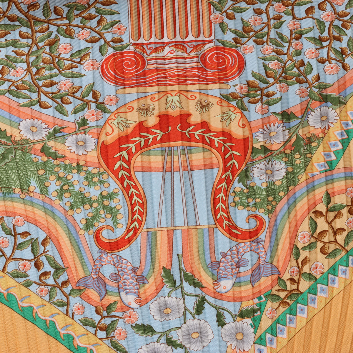 Hermès Carre 90 "Axis Mundi" Plissé Scarf Silk in Orange