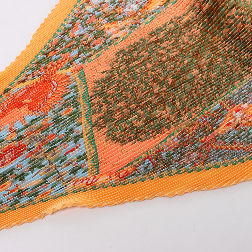 Hermès Carre 90 "Axis Mundi" Plissé Scarf Silk in Orange