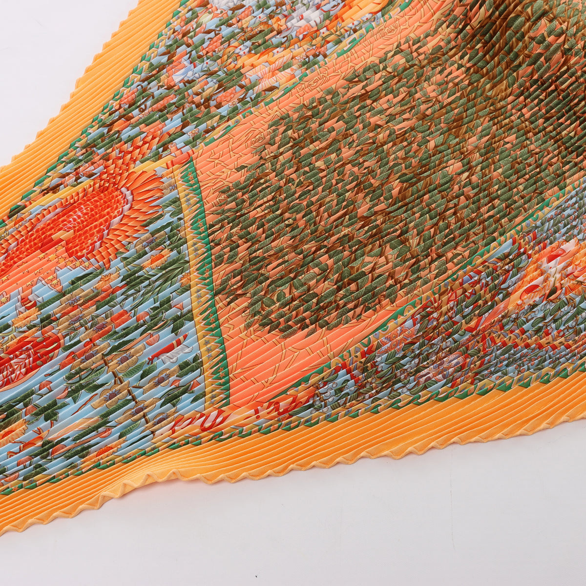Hermès Carre 90 "Axis Mundi" Plissé Scarf Silk in Orange