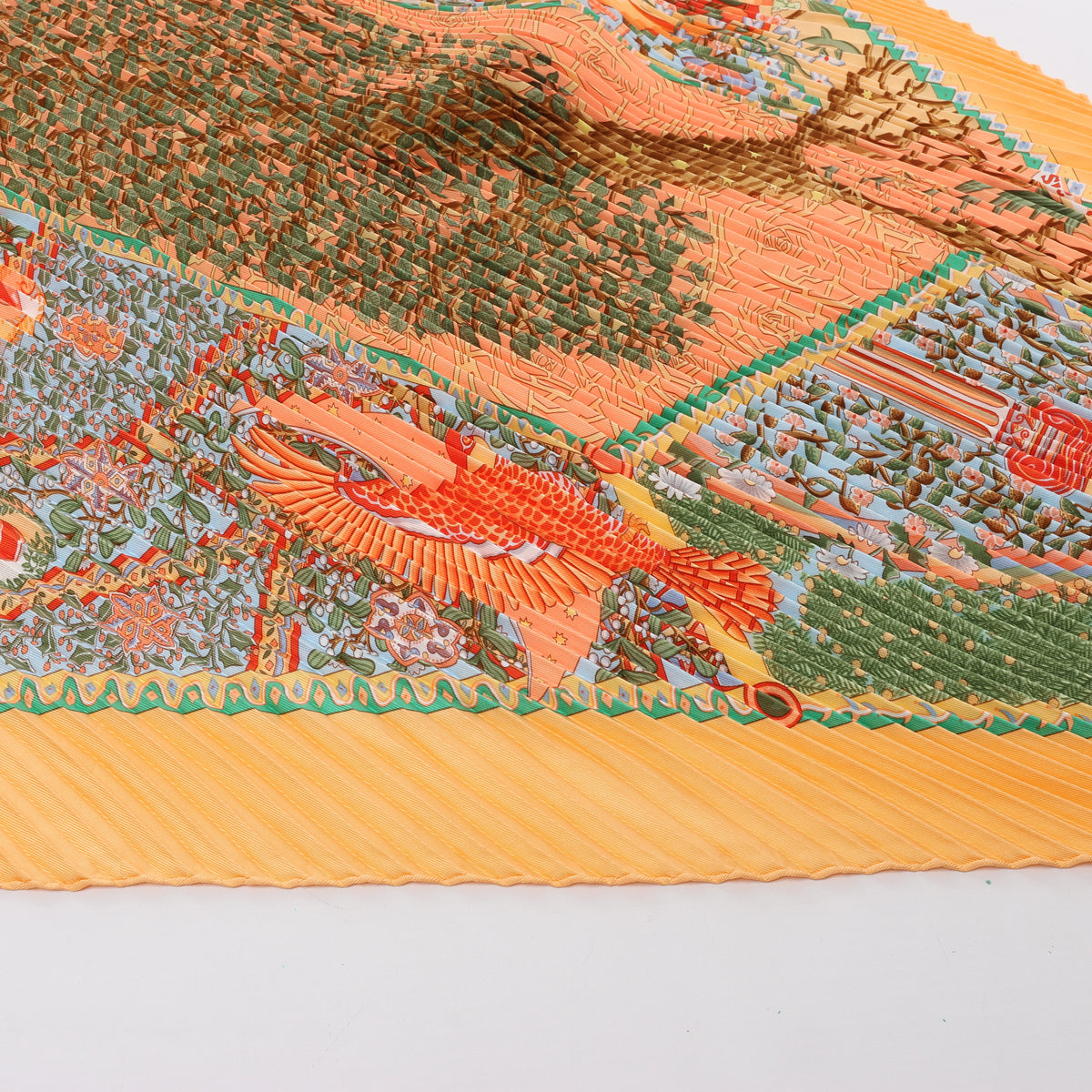 Hermès Carre 90 "Axis Mundi" Plissé Scarf Silk in Orange