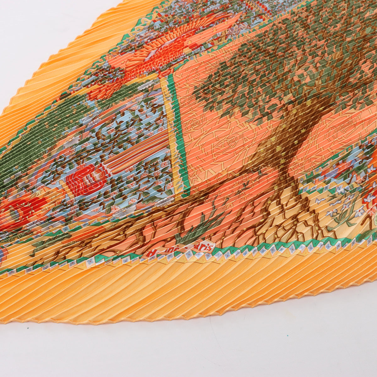 Hermès Carre 90 "Axis Mundi" Plissé Scarf Silk in Orange