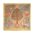Hermès Axis Mundi square scarf laid flat, featuring a central tree with exposed roots, birds and floral motifs, framed by a golden-orange border.
