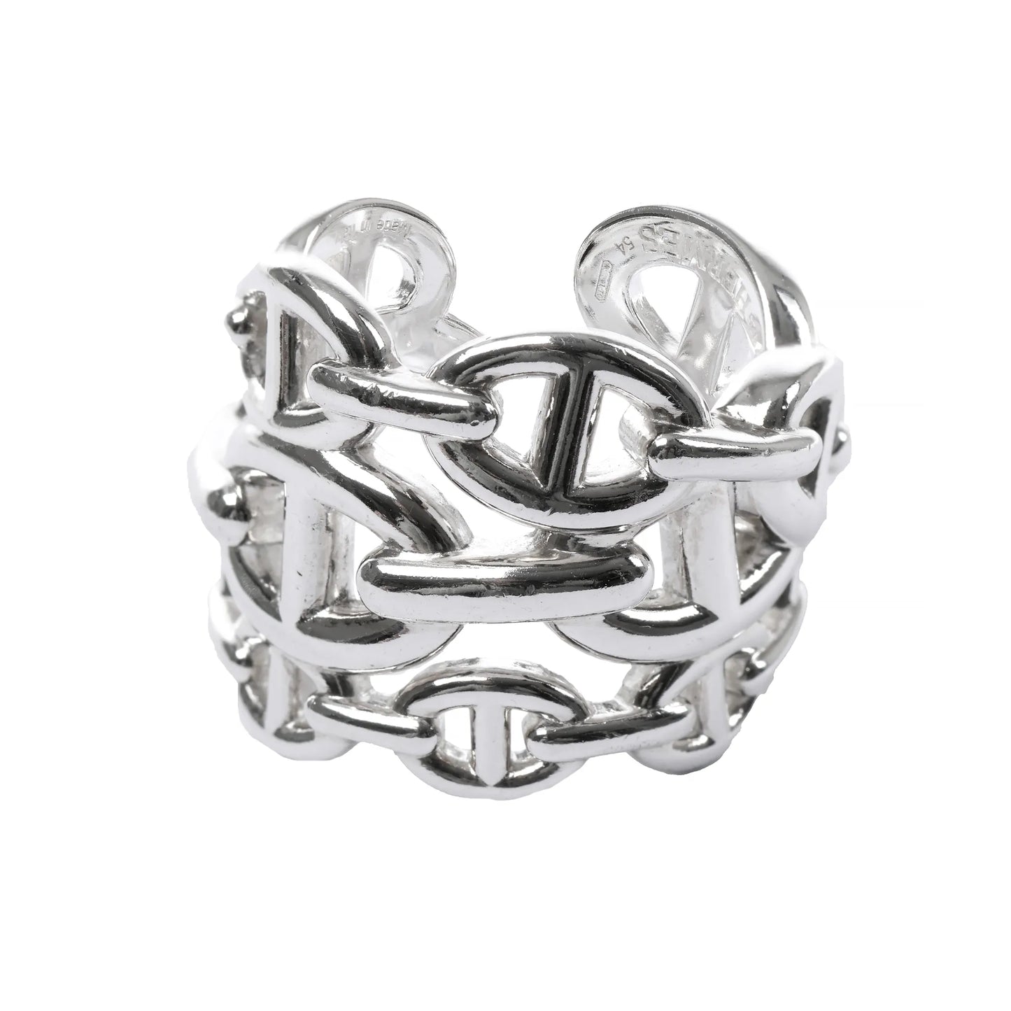 Hermès Chaîne d'Ancre Enchaînée silver ring in Size 54 EU, featuring an intricate openwork anchor chain design in polished sterling silver, shown against a white background.