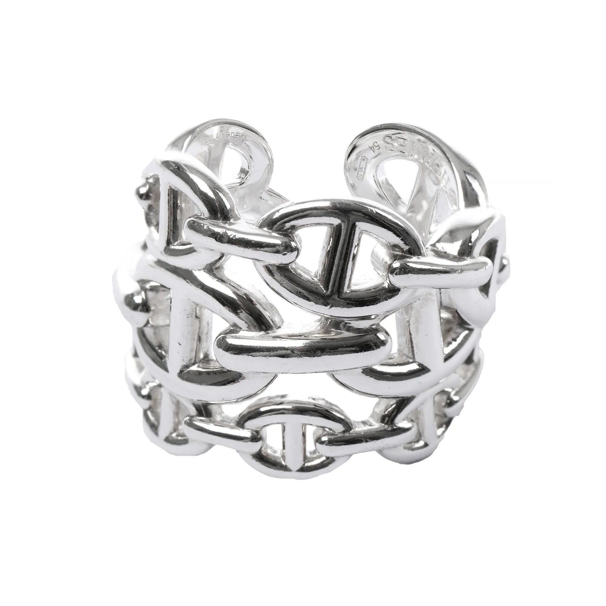 Hermès Chaîne d'Ancre Enchaînée silver ring in Size 54 EU, featuring an intricate openwork anchor chain design in polished sterling silver, shown against a white background.