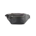 Hermès Cityslide Cross PM black leather belt bag with two zip compartments and silver-tone zippers on a white background.