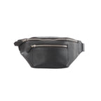 Hermès Cityslide Cross PM black leather belt bag with two zip compartments and silver-tone zippers on a white background.