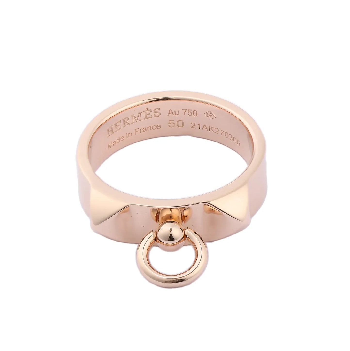 Hermès Collier de Chien ring in 18K pink gold featuring pyramid studs and signature dangling ring detail, engraved interior showing size 50 and hallmark.