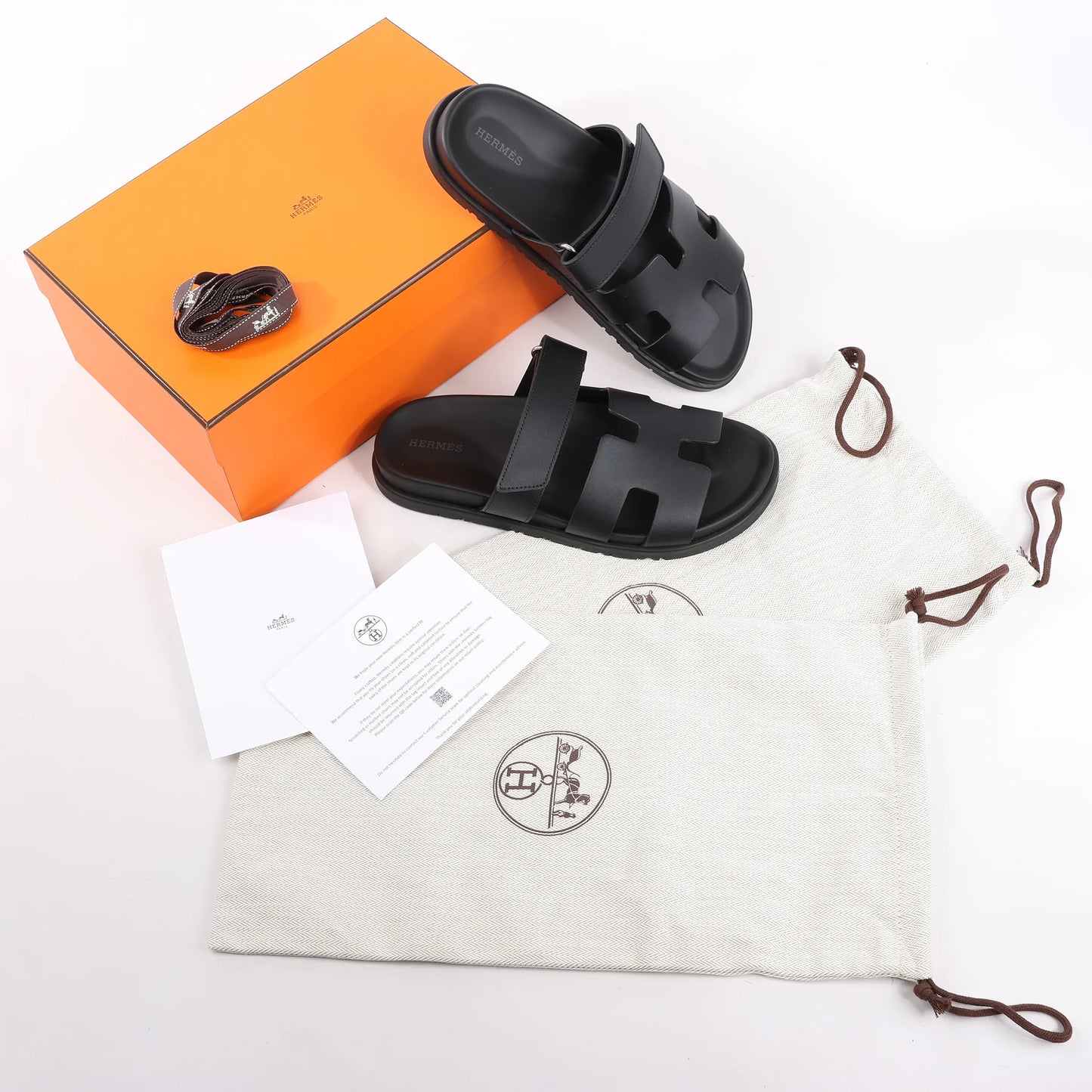 HERMES Cypre Leather Sandals in Black, Size 38.5 EU