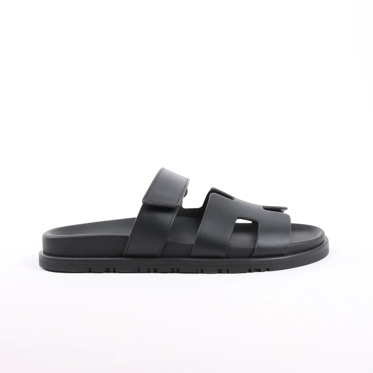 HERMES Cypre Leather Sandals in Black, Size 38.5 EU