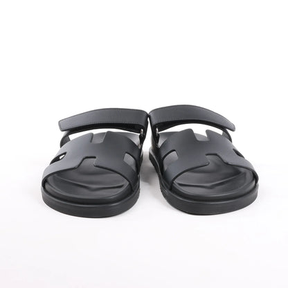 HERMES Cypre Leather Sandals in Black, Size 38.5 EU