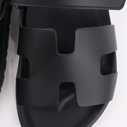HERMES Cypre Leather Sandals in Black, Size 38.5 EU