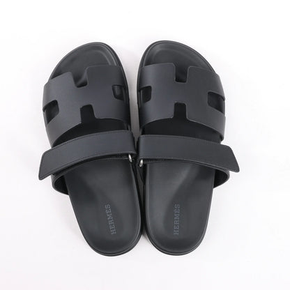 HERMES Cypre Leather Sandals in Black, Size 38.5 EU