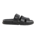 HERMÈS Cypre Sandals in black smooth leather, size 42 EU, featuring a wide cutout strap design, adjustable velcro strap, and flat sole, displayed on a white background.