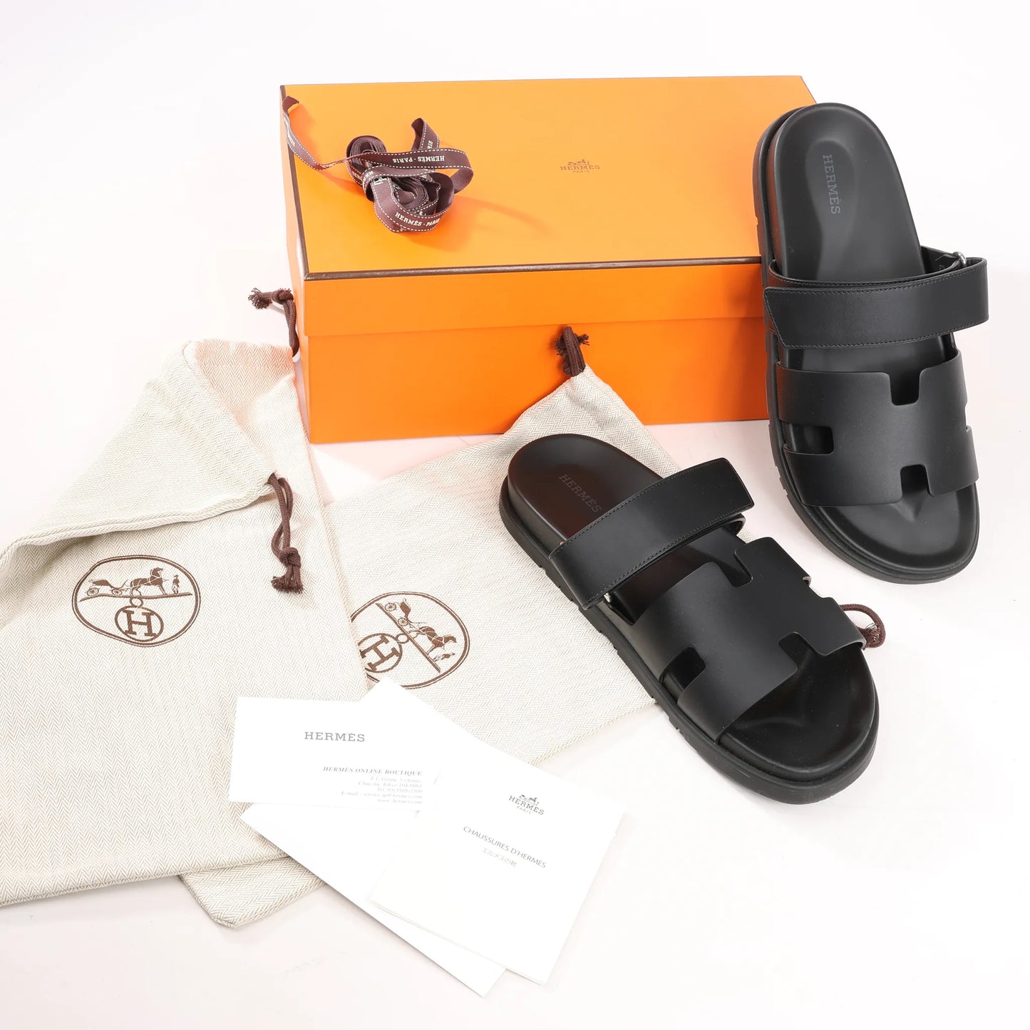 HERMES Cypre Leather Sandals in Black, Size 42 EU