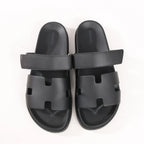 HERMES Cypre Leather Sandals in Black, Size 42 EU