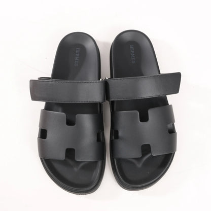 HERMES Cypre Leather Sandals in Black, Size 42 EU