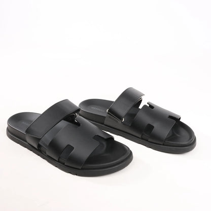 HERMES Cypre Leather Sandals in Black, Size 42 EU