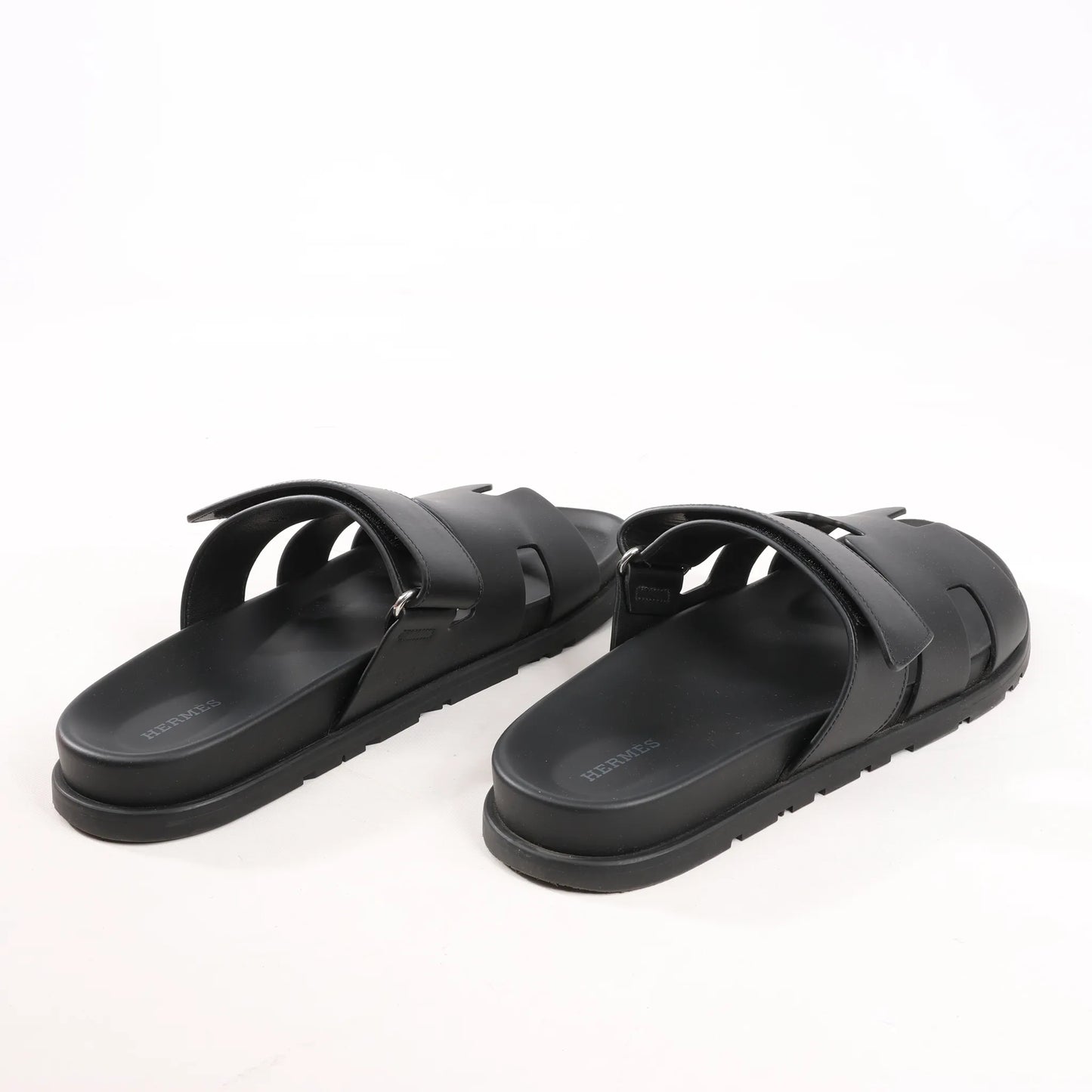 HERMES Cypre Leather Sandals in Black, Size 42 EU