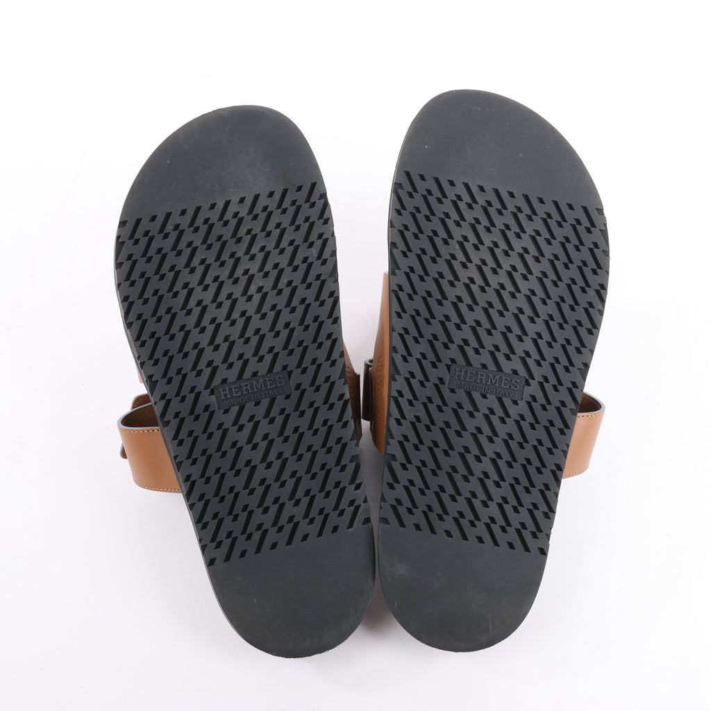 HERMES Cypre Leather Sandals in Brown Velcro Strap, Size 42 EU