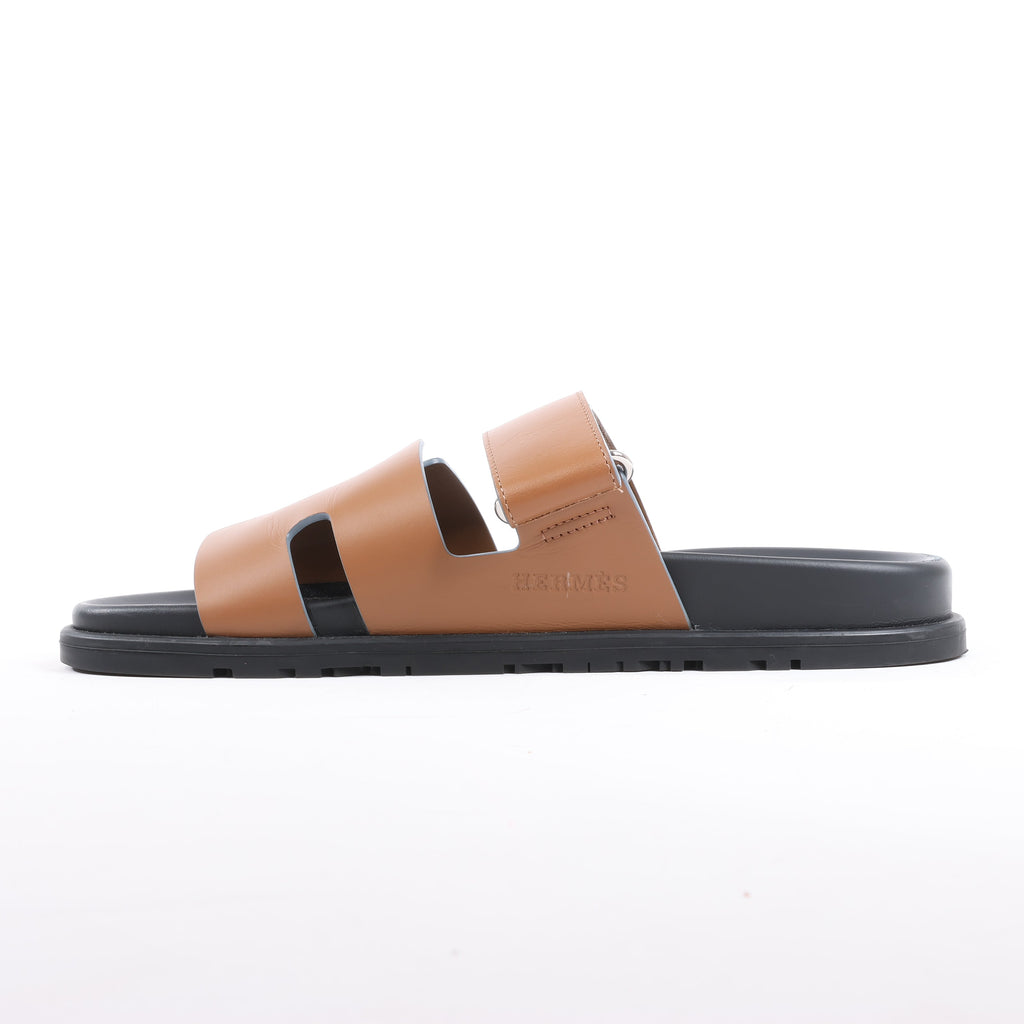 HERMES Cypre Leather Sandals in Brown Velcro Strap, Size 42 EU