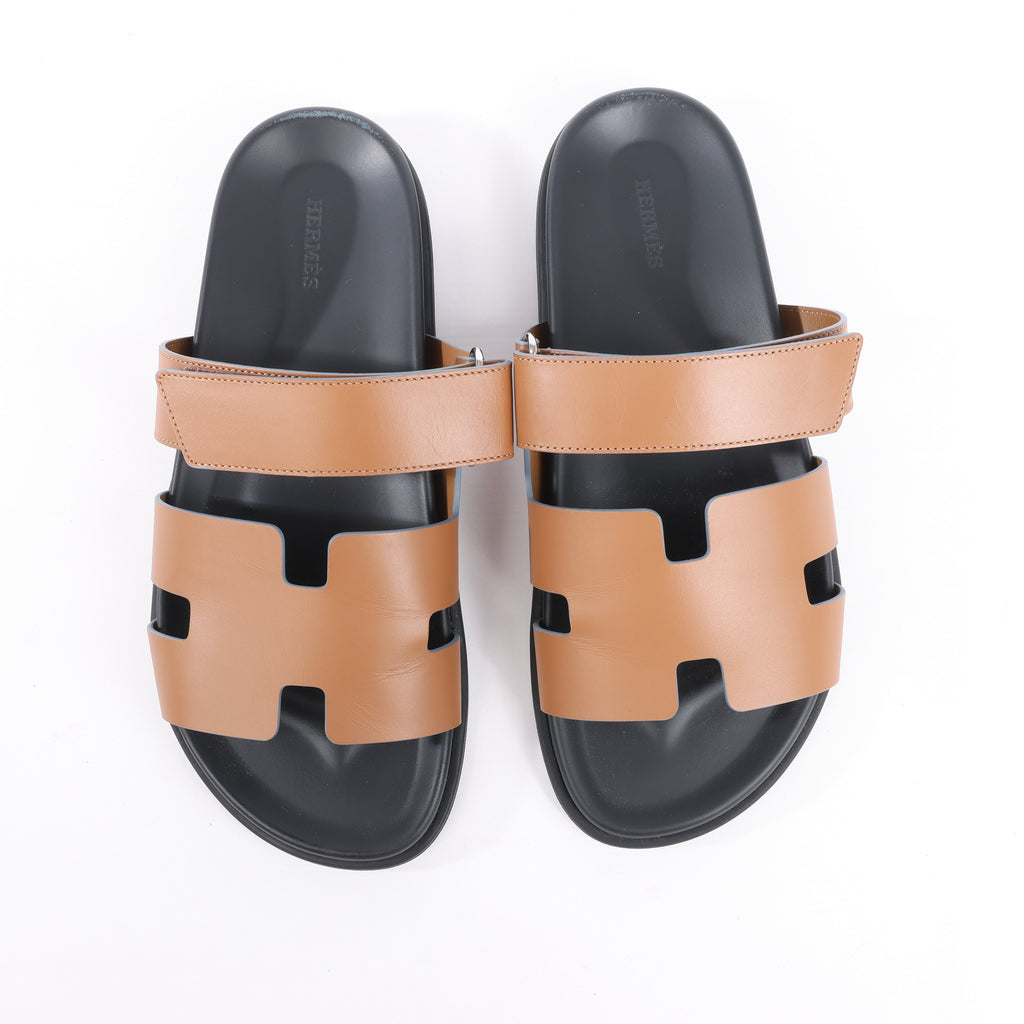 HERMES Cypre Leather Sandals in Brown Velcro Strap, Size 42 EU