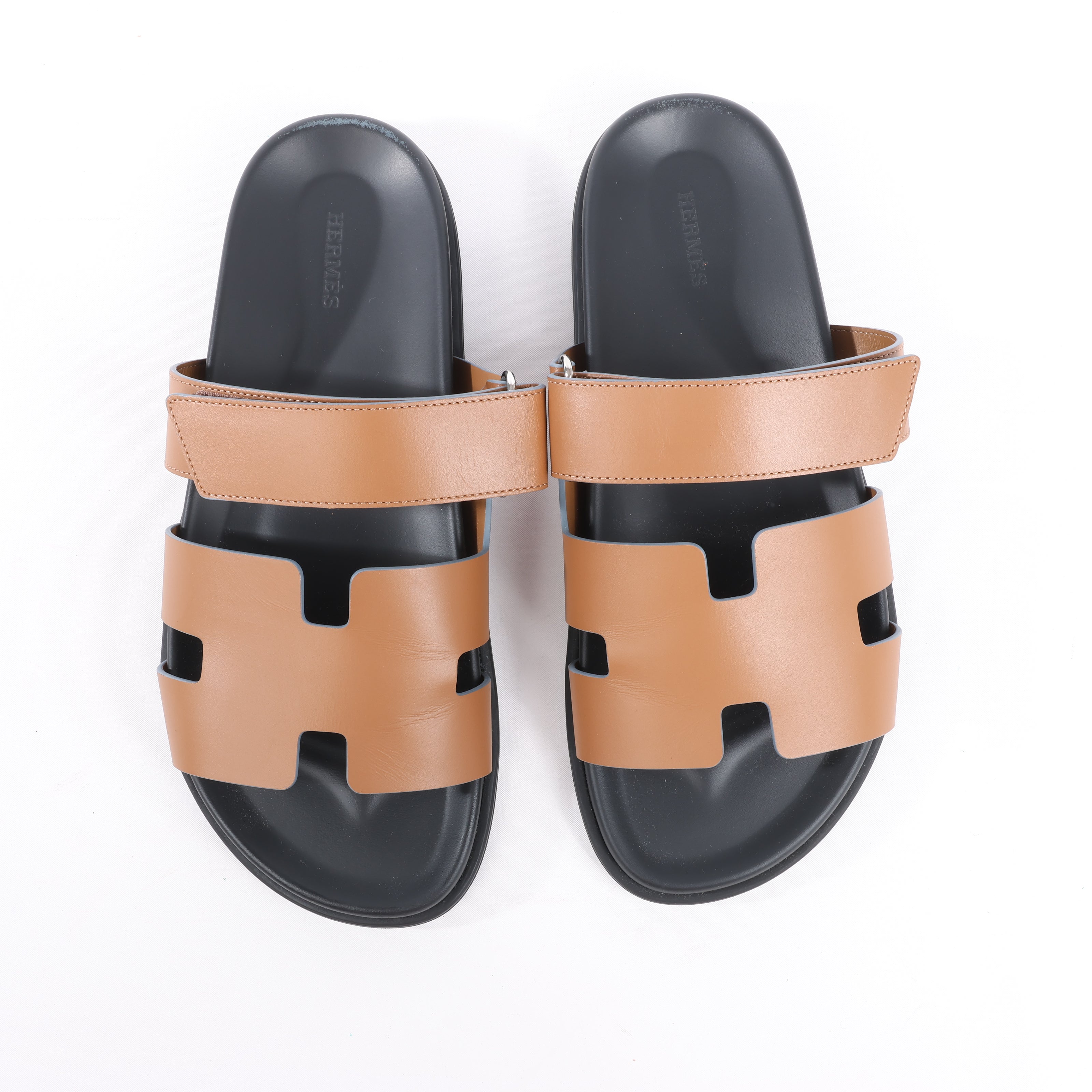 HERMES Cypre Leather Sandals in Brown Velcro Strap, Size 42 EU