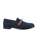 Shop pre-owned Hermès Destan loafers in navy denim and brown leather, EU size 36.5, finished with polished Kelly metal hardware.