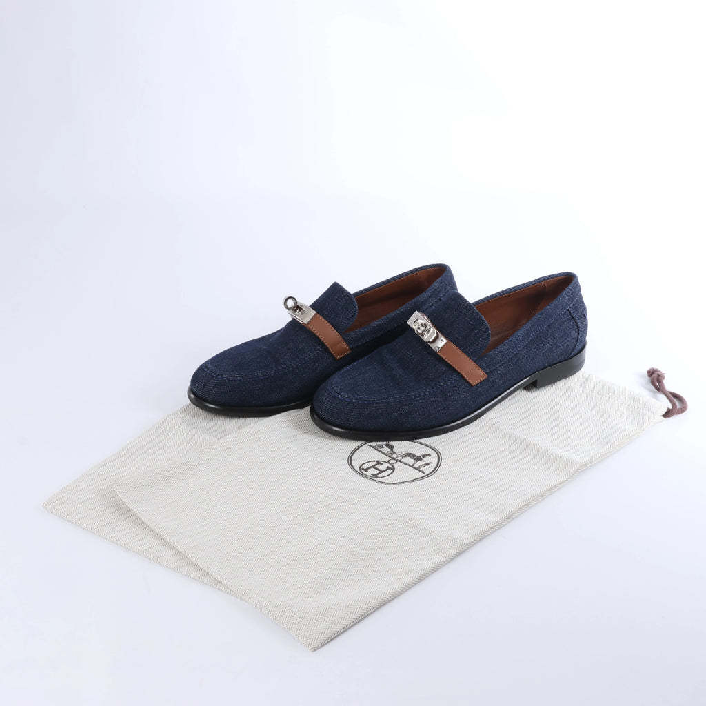Hermès Destan Denim leather Loafer 36.5 Ladies' Navy x brown Kelly Metal Fittings