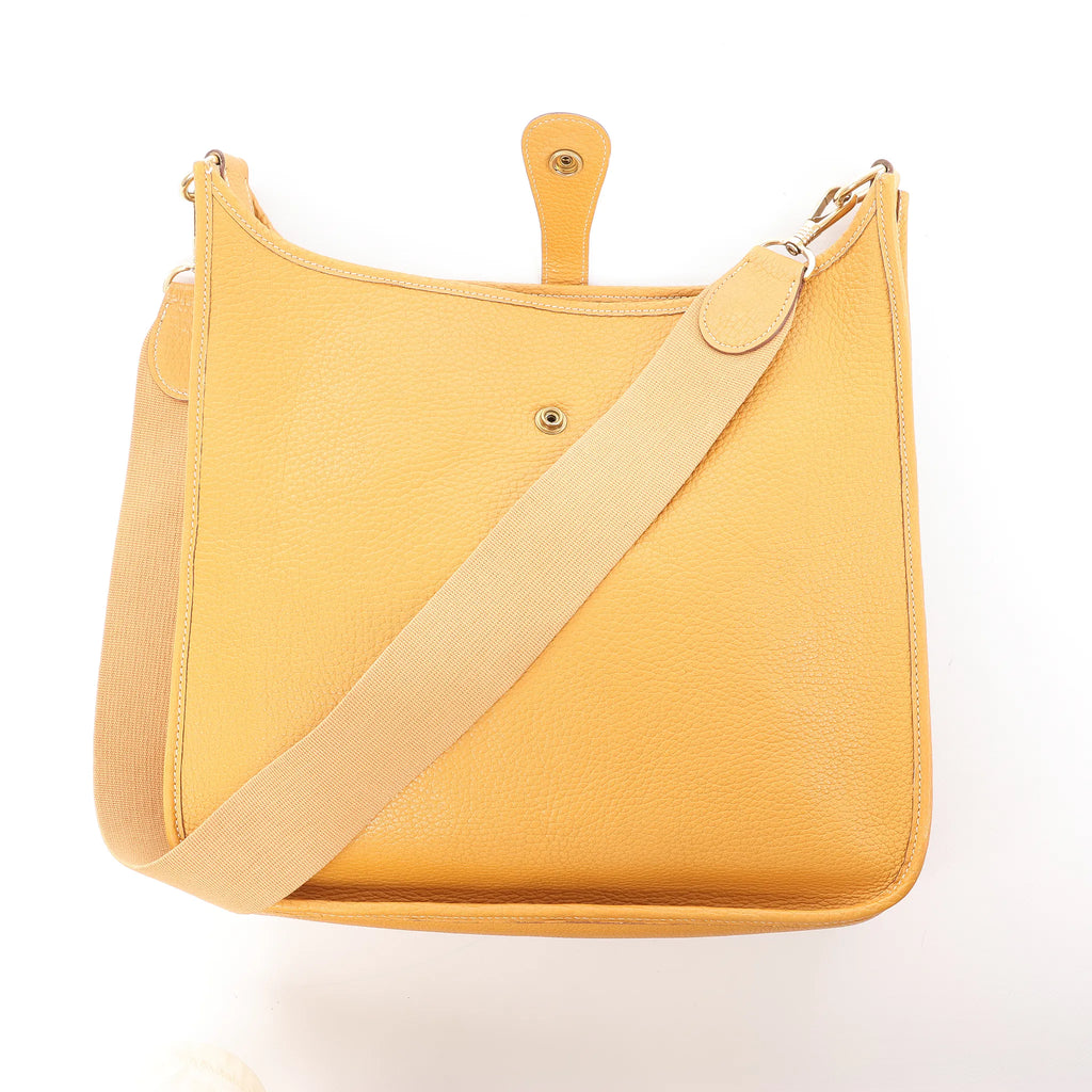 Hermes Evelyn GM Taurillon Clemence Shoulder Bag in Camel Brown