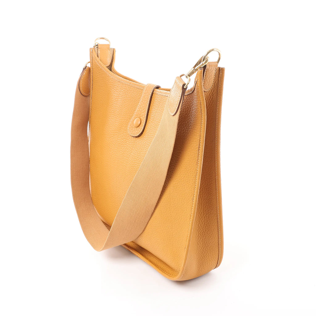 Hermes Evelyn GM Taurillon Clemence Shoulder Bag in Camel Brown