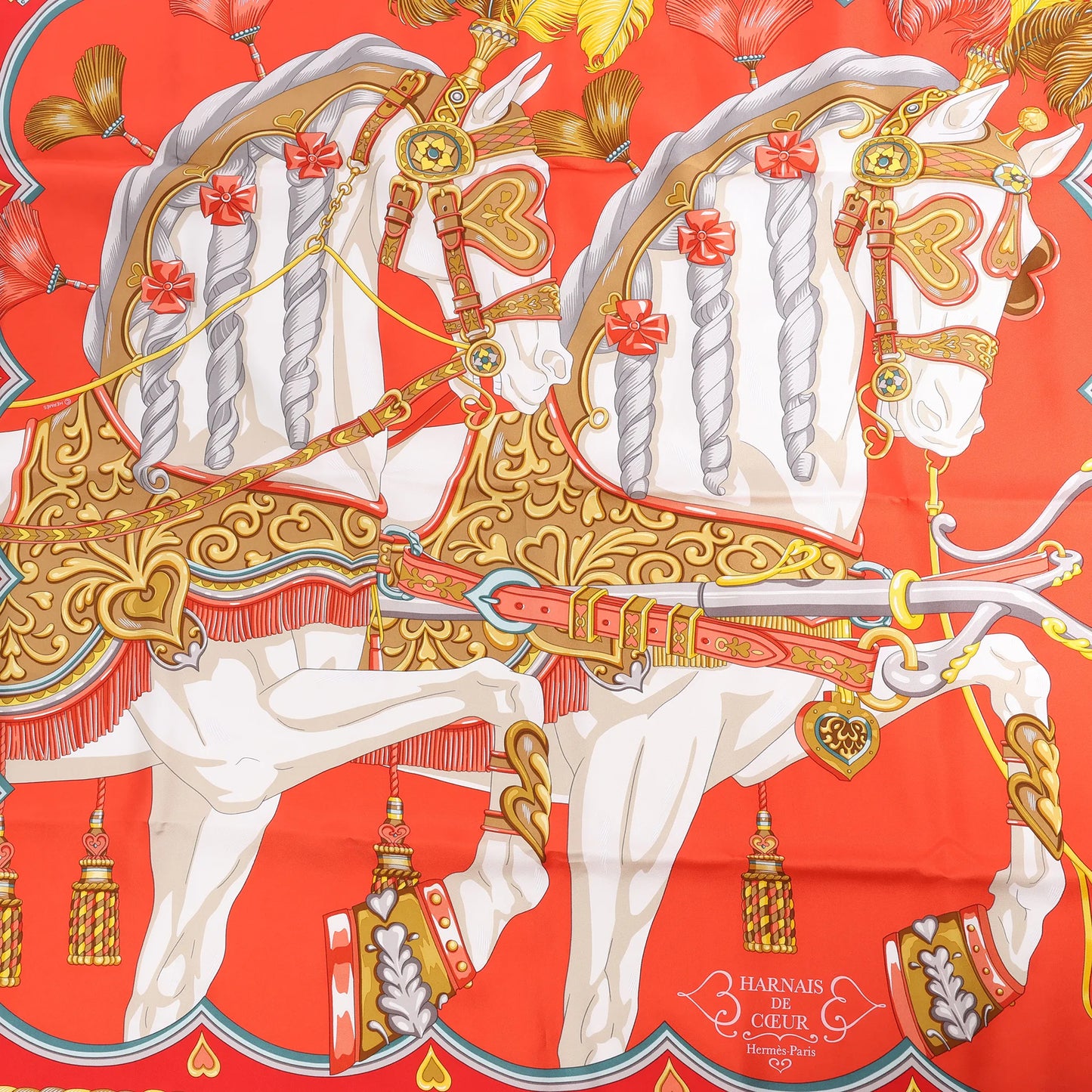 Hermès Carré 90 "HARNAIS DE COEUR" Silk handkerchief in Red