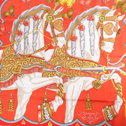 Hermès Carré 90 "HARNAIS DE COEUR" Silk handkerchief in Red