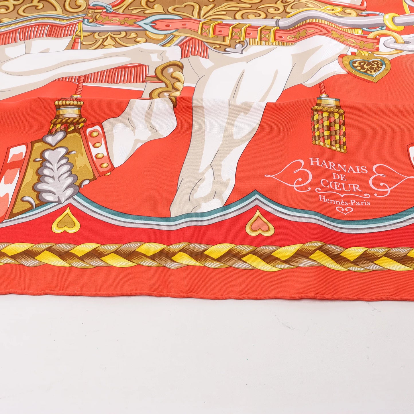 Hermès Carré 90 "HARNAIS DE COEUR" Silk handkerchief in Red