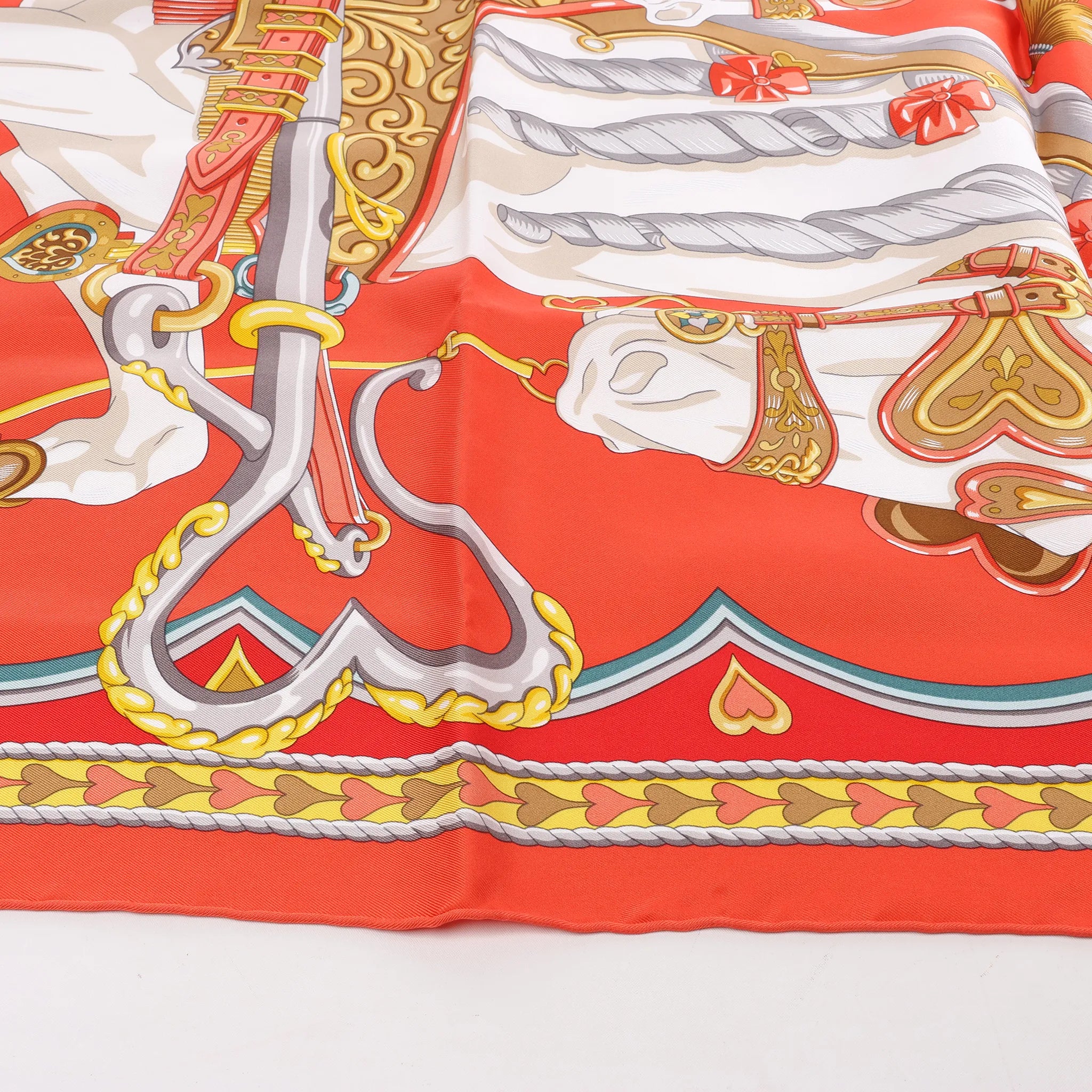 Hermès Carré 90 "HARNAIS DE COEUR" Silk handkerchief in Red